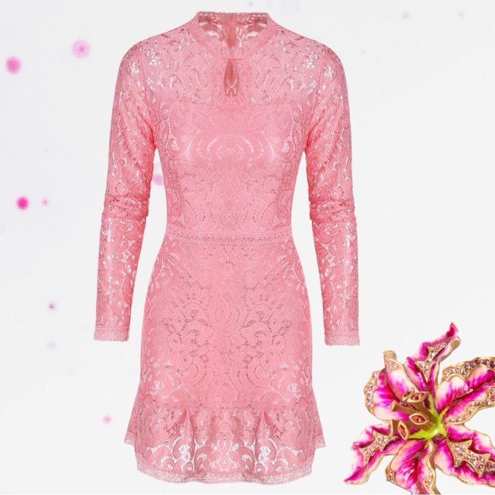 Lace Embroidered Keyhole Cocktail Ruffle Mini Dress - Picture 2 of 3